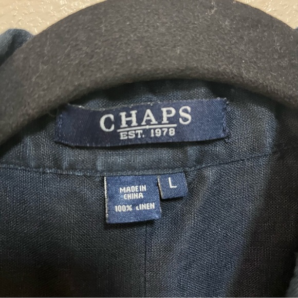 VNTG CHAPS Womens Large Navy Blue Linen Blouse ButtonDown 3/4 Sleeve Embroidered - Picture 2 of 5